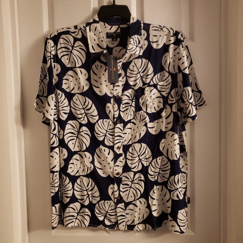 Margaritaville Men's Hawaiian Blue White Leaf Floral Short Sleeve Shirt Large